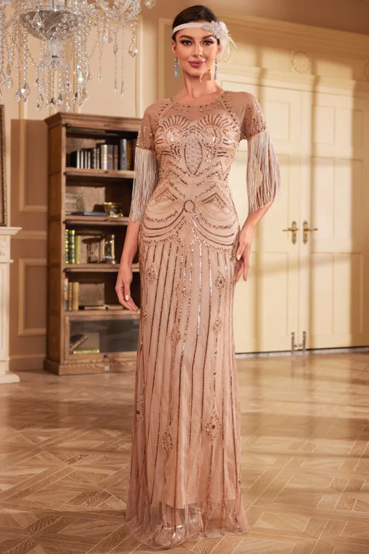 Fringes Glitter Long Flapper Dress with Short Sleeves sold by Zapaka