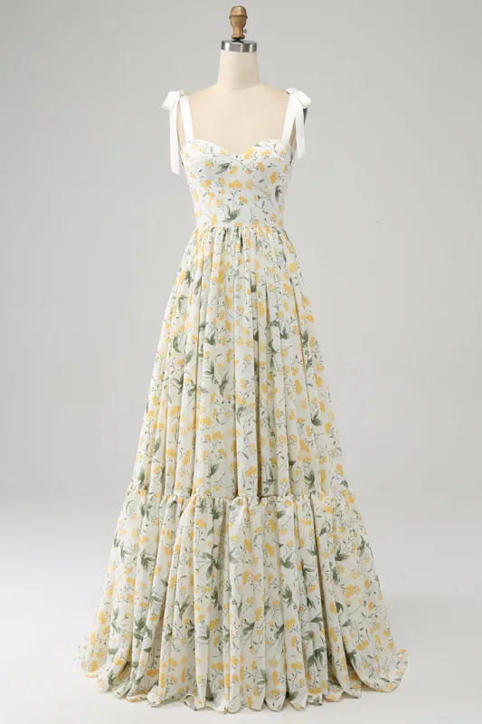 Ivory A-Line Spaghetti Straps Floral Long Prom Dress sold by Zapaka