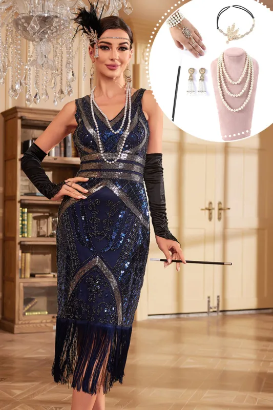 Dark Blue Midi V-Neck Fringed Sequins 1920s Dress with Accessories Set sold by Zapaka