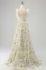 Ivory A-Line Spaghetti Straps Floral Long Prom Dress sold by Zapaka