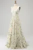 Ivory A-Line Spaghetti Straps Floral Long Prom Dress sold by Zapaka