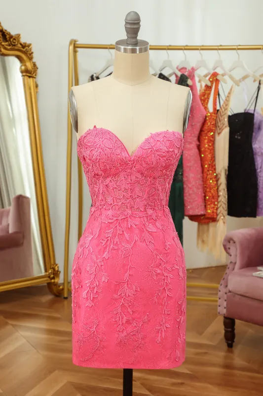 Tight Pink Short Homecoming Dress with Appliques sold by Zapaka