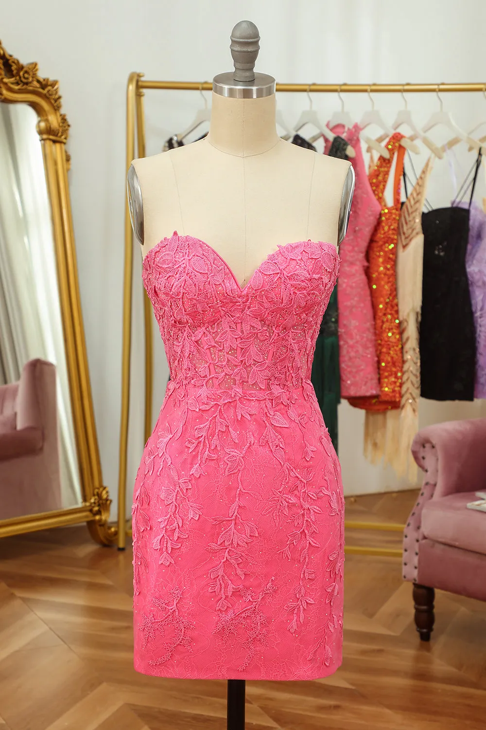 Tight Pink Short Homecoming Dress with Appliques sold by Zapaka