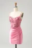 Sparkly Pink Tight Corset Spaghetti Straps Homecoming Dress with Appliques sold by Zapaka