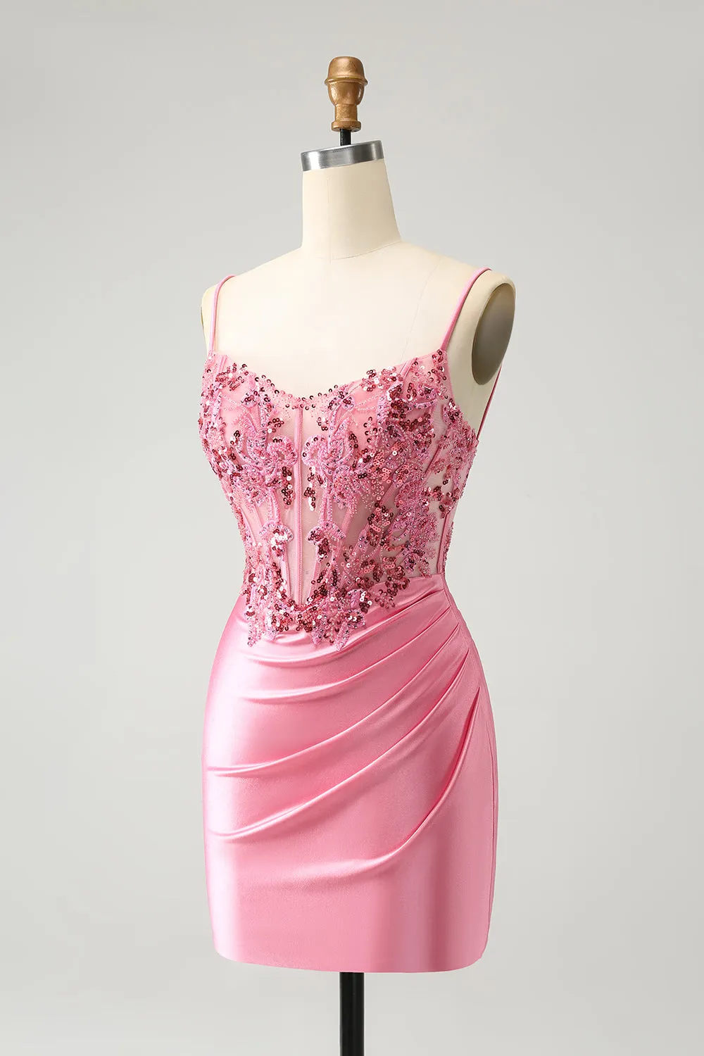 Sparkly Pink Tight Corset Spaghetti Straps Homecoming Dress with Appliques sold by Zapaka product image thumbnail 3