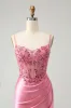 Sparkly Pink Tight Corset Spaghetti Straps Homecoming Dress with Appliques sold by Zapaka