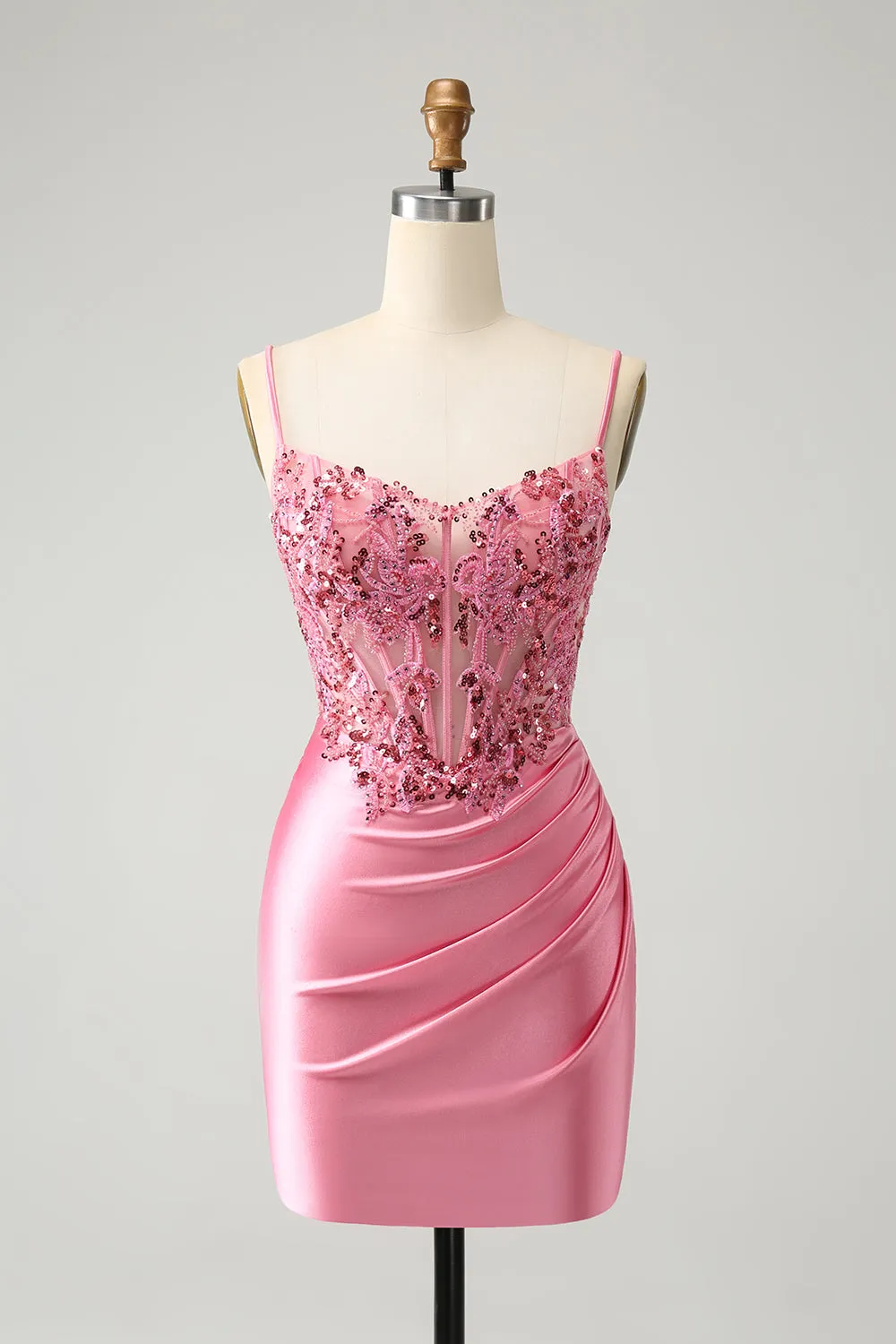 Sparkly Pink Tight Corset Spaghetti Straps Homecoming Dress with Appliques sold by Zapaka