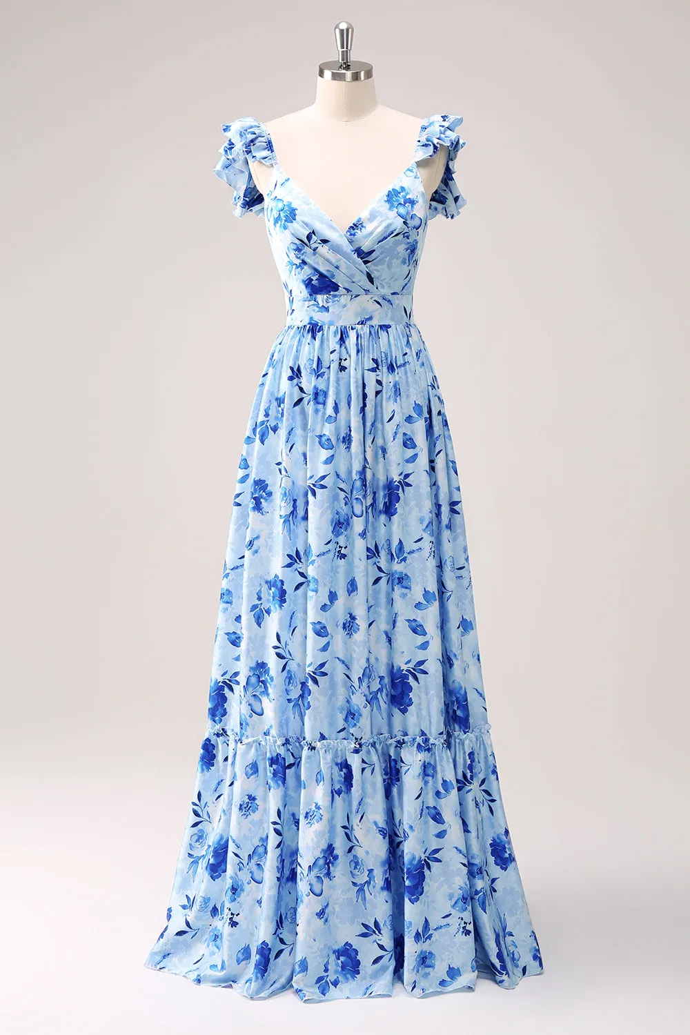 Blue Off The Shoulder Floral A Line Bridesmaid Dress sold by Zapaka product image thumbnail 4