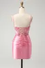 Sparkly Pink Tight Corset Spaghetti Straps Homecoming Dress with Appliques sold by Zapaka