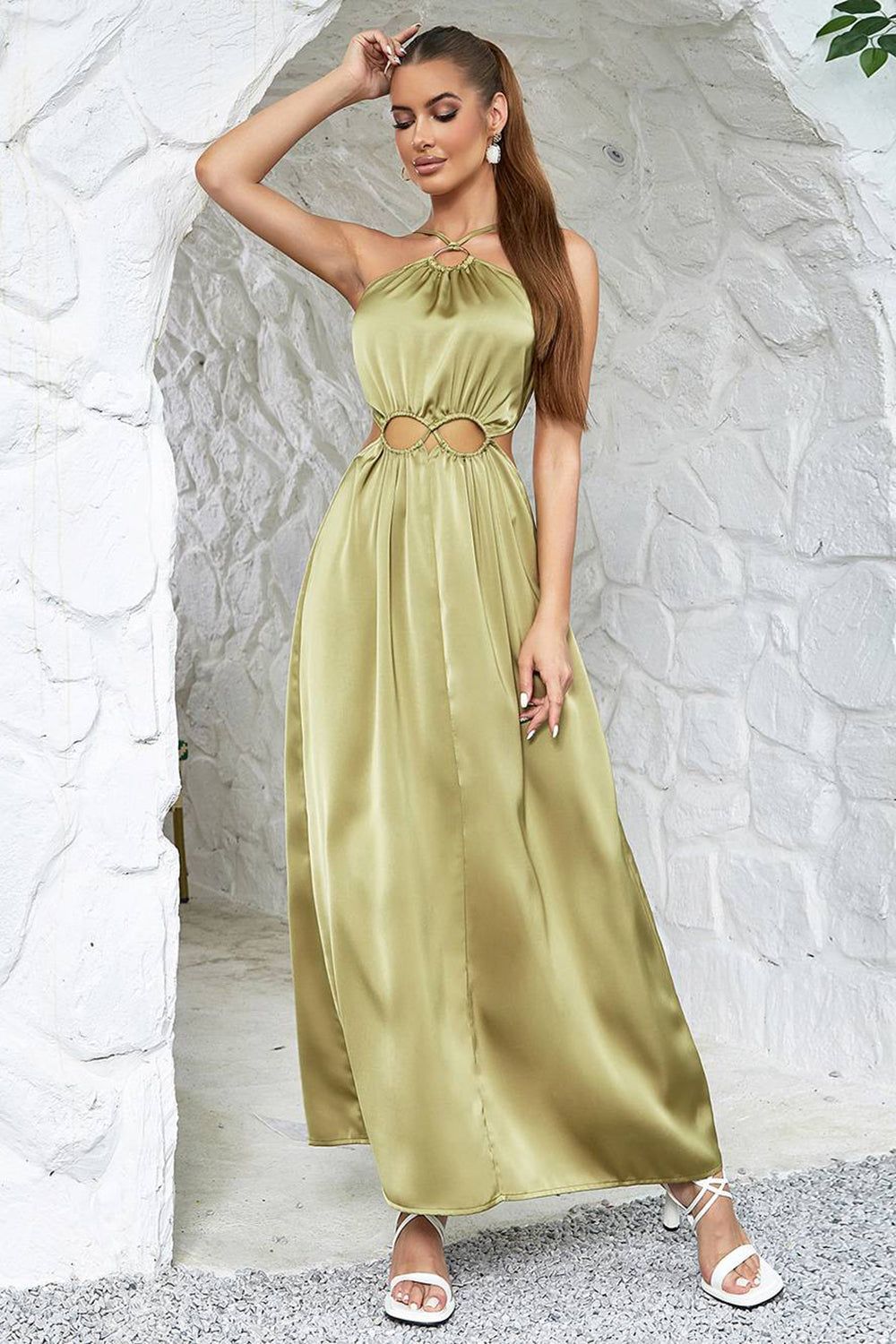 Green Halter Neck A-line Hollow-waist Long Party Dress sold by Zapaka product image thumbnail 5