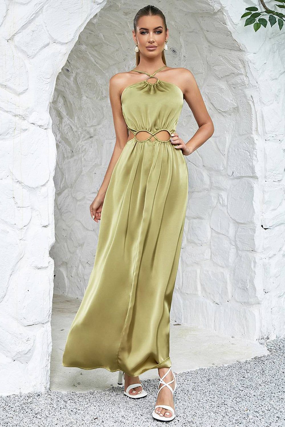 Green Halter Neck A-line Hollow-waist Long Party Dress sold by Zapaka product image thumbnail 4