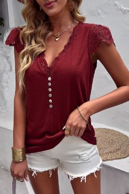 Burgundy Summer Casual Top with Lace sold by Zapaka