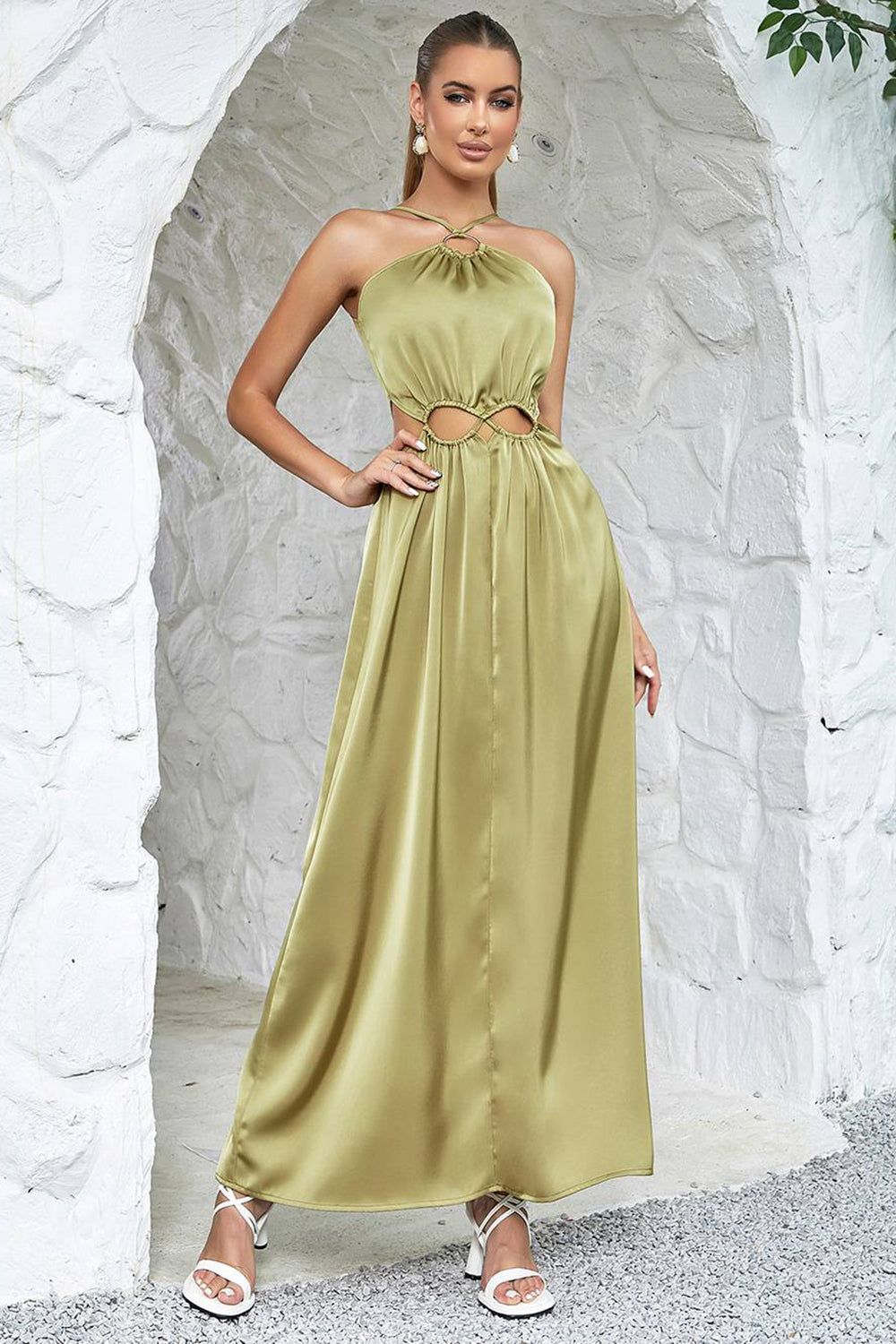 Green Halter Neck A-line Hollow-waist Long Party Dress sold by Zapaka