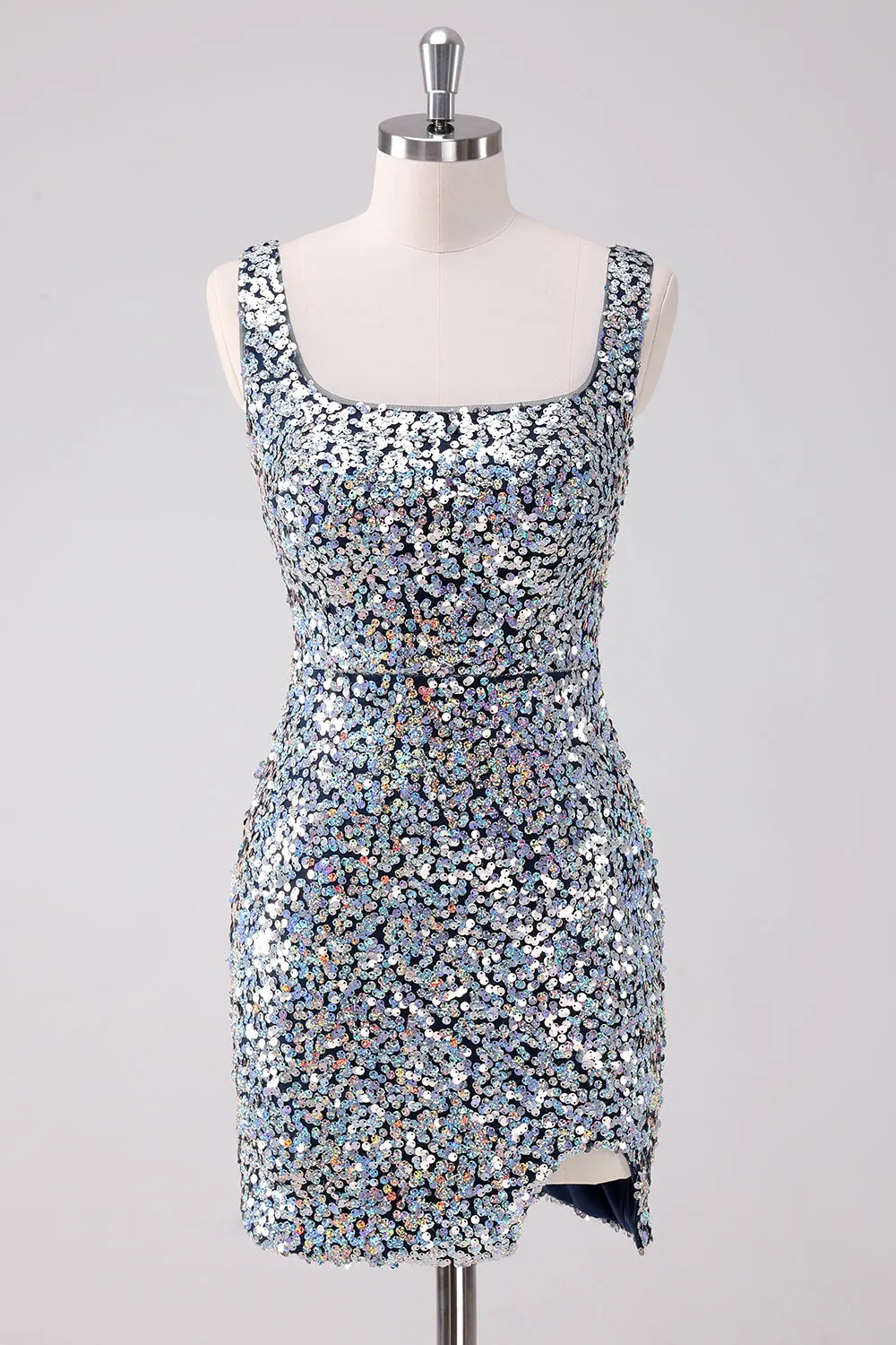 Sparkly Silver Square Neck Tight Homecoming Dress with Slit sold by Zapaka