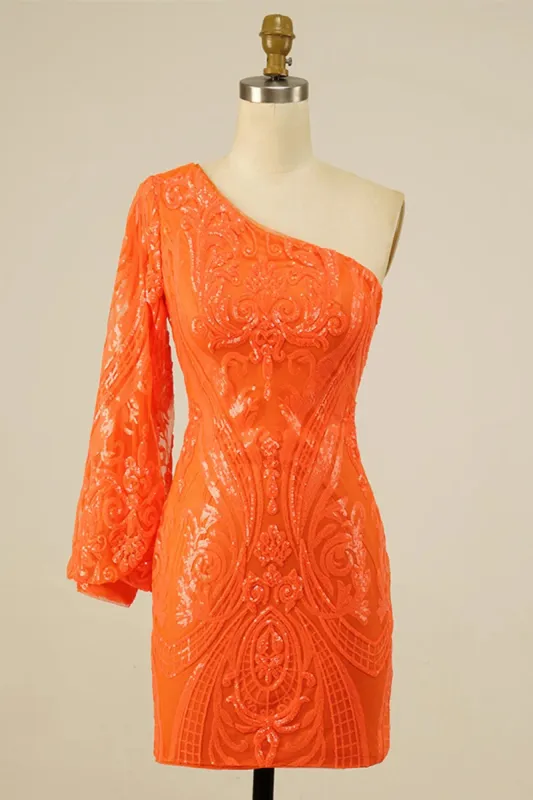 Bodycon One Shoulder Orange Sequins Short Homecoming Dress sold by Zapaka