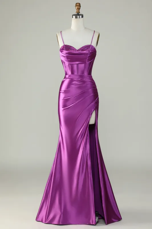 Dark Purple Spaghetti Straps Mermaid Long Prom Dress With Slit sold by Zapaka