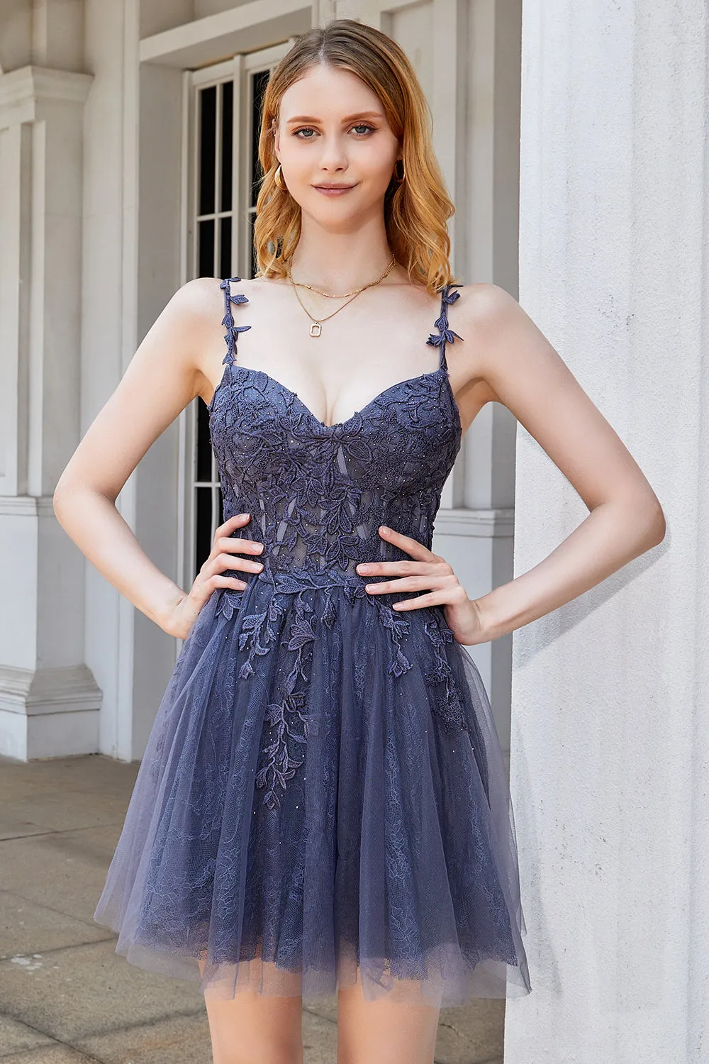 A Line Spaghetti Straps Grey Short Homecoming Dress with Appliques sold by Zapaka