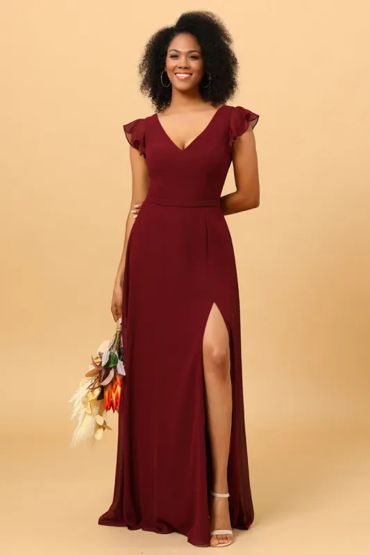 Chiffon Burgundy Bridesmaid Dress with Slit sold by Zapaka
