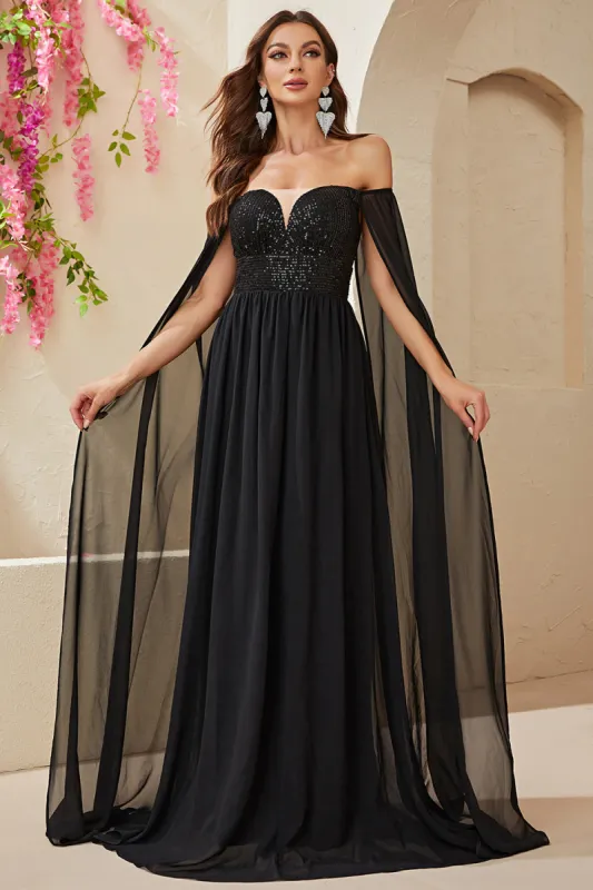 Black  A-line Off The Shoulder Chiffon Long Prom Dress sold by Zapaka
