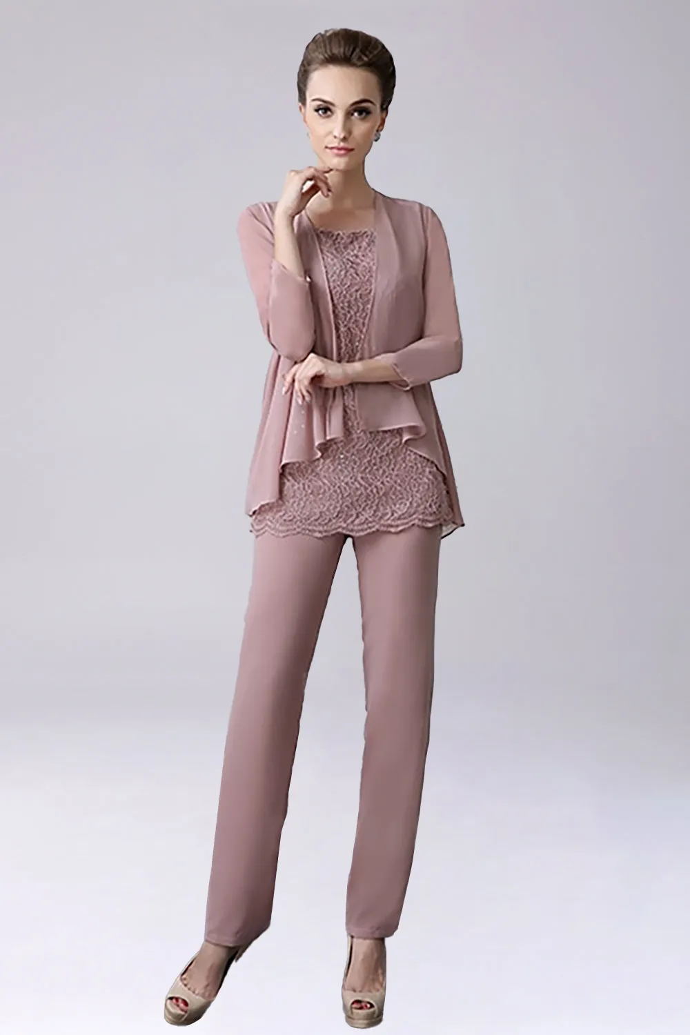 Dusty Rose 3 Pieces Chiffon Mother of Bride Pant Suits sold by Zapaka product image thumbnail 4