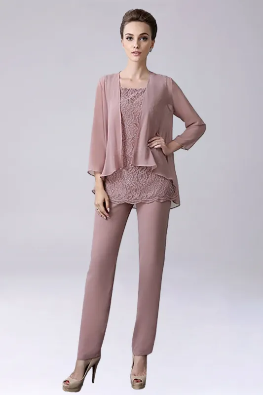 Dusty Rose 3 Pieces Chiffon Mother of Bride Pant Suits sold by Zapaka