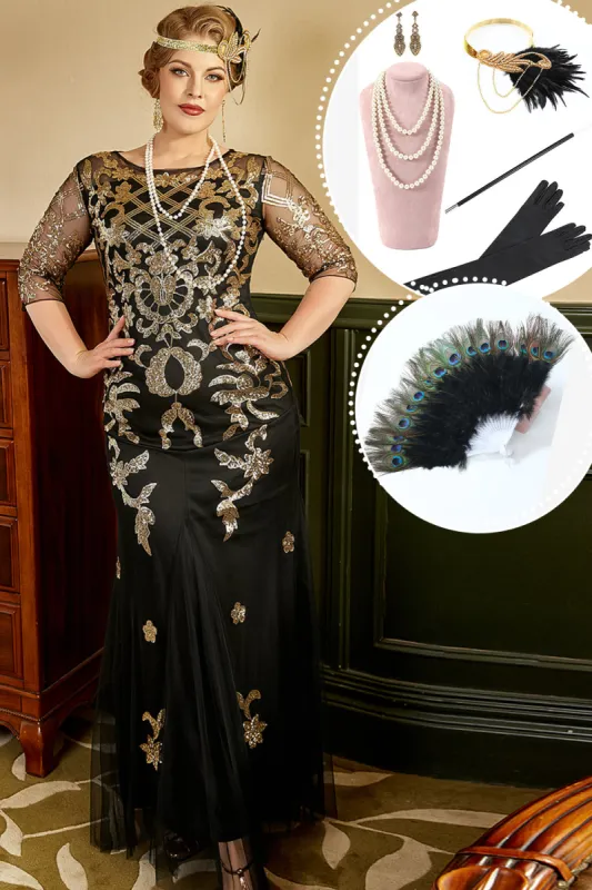 Black and Golden Plus Size 1920s Gatsby Dress with 20s Acessories Set sold by Zapaka