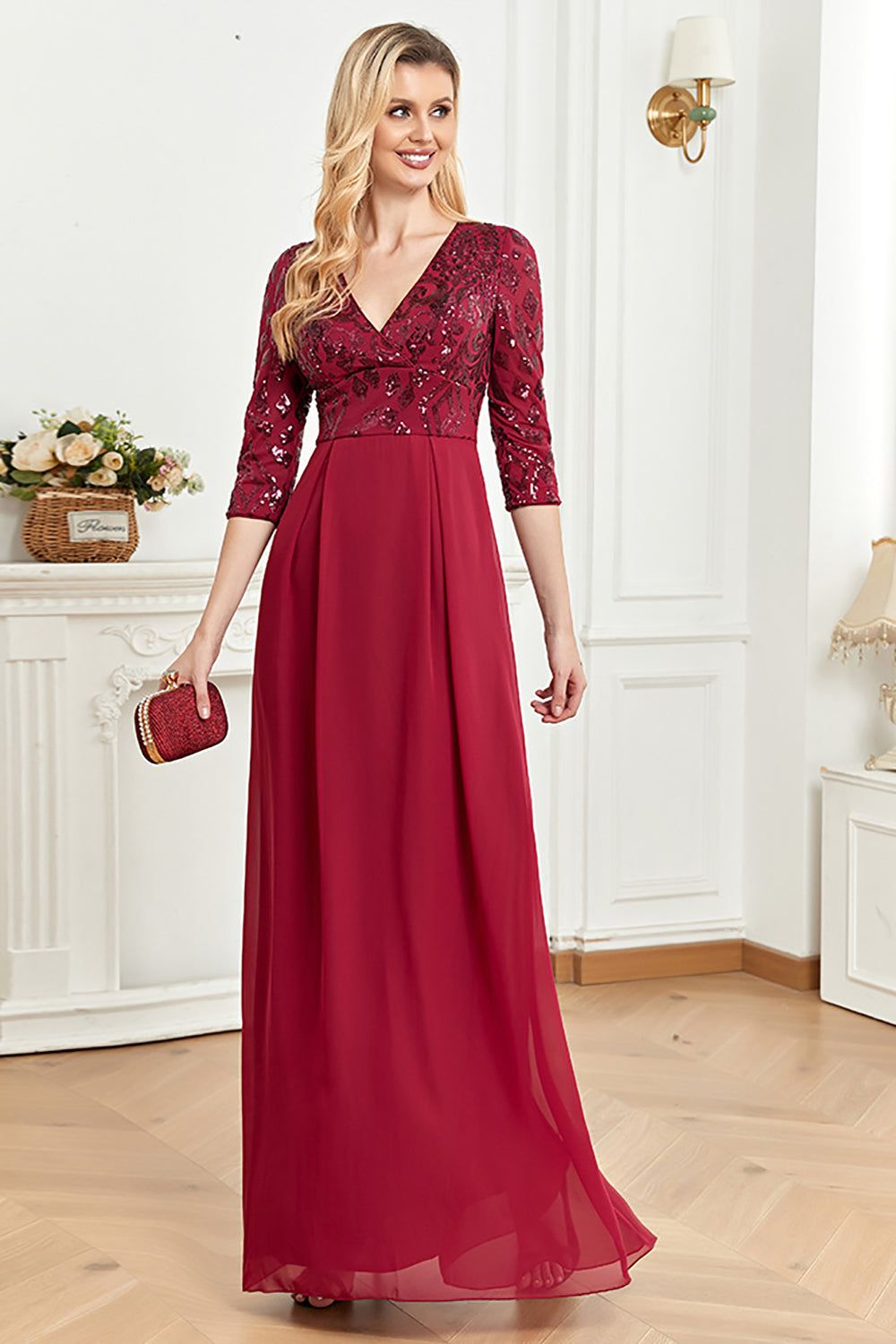 3/4 Sleeves Burgundy Mother of the Bride Dress sold by Zapaka product image thumbnail 4