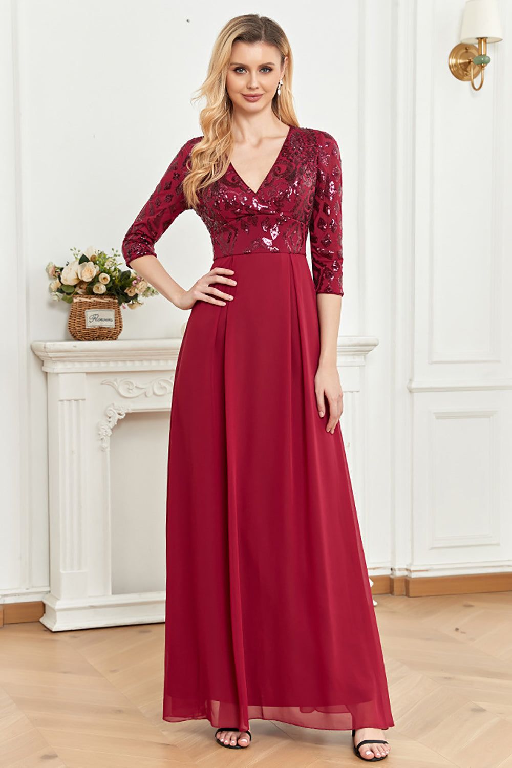 3/4 Sleeves Burgundy Mother of the Bride Dress sold by Zapaka