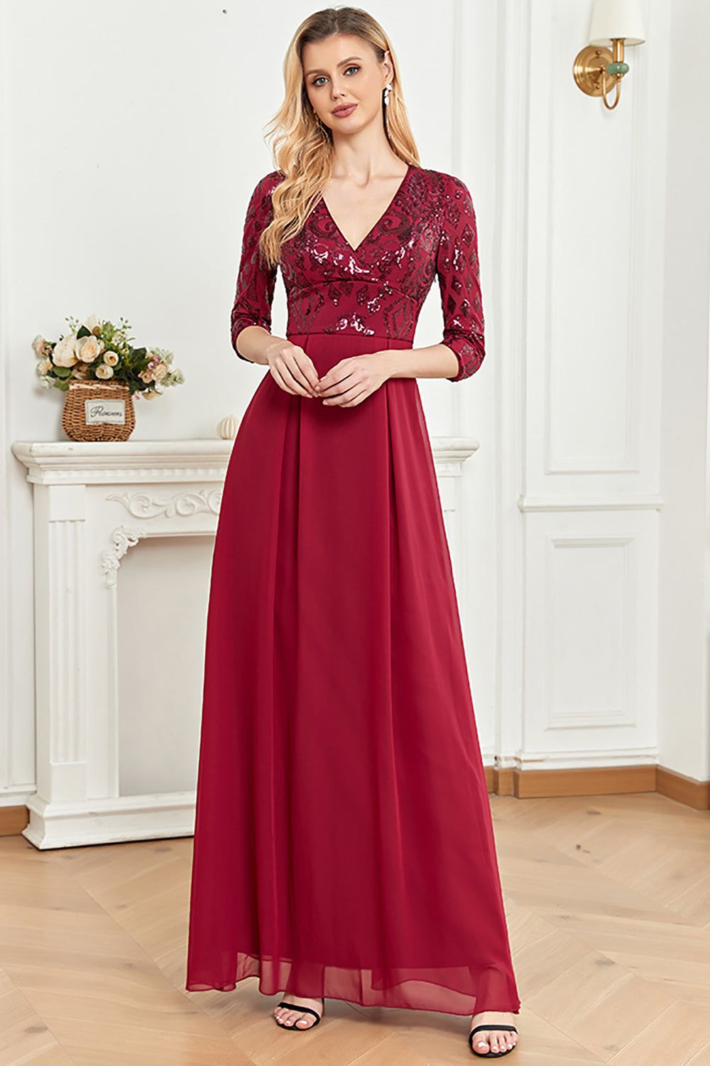 3/4 Sleeves Burgundy Mother of the Bride Dress sold by Zapaka product image thumbnail 5