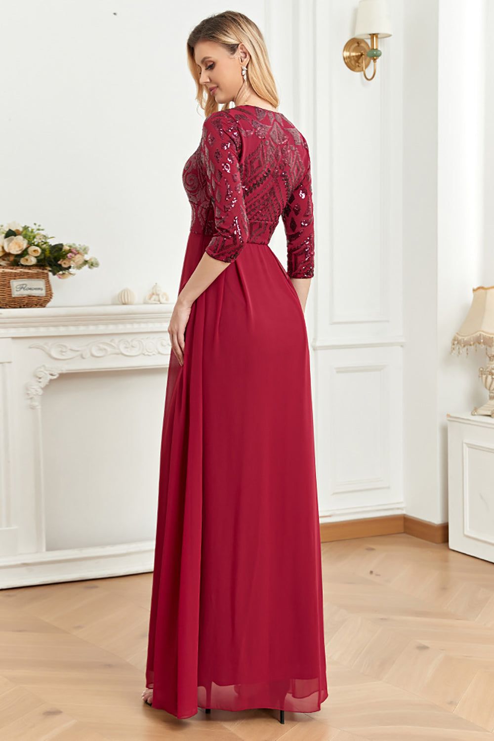 3/4 Sleeves Burgundy Mother of the Bride Dress sold by Zapaka product image thumbnail 2