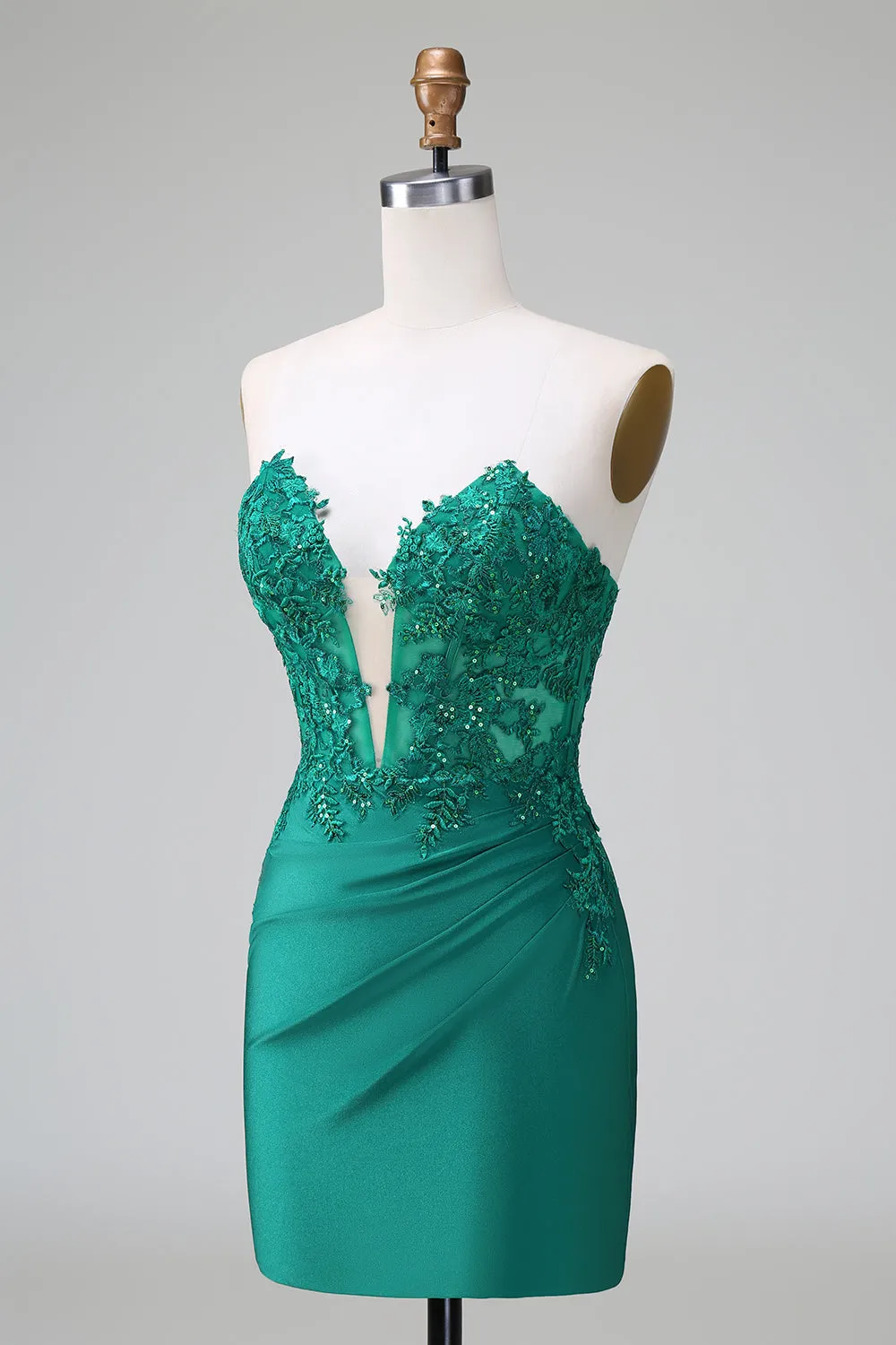 Dark Green Tight Deep V Neck Satin Strapless Short Homecoming Dress with Appliques sold by Zapaka product image thumbnail 3