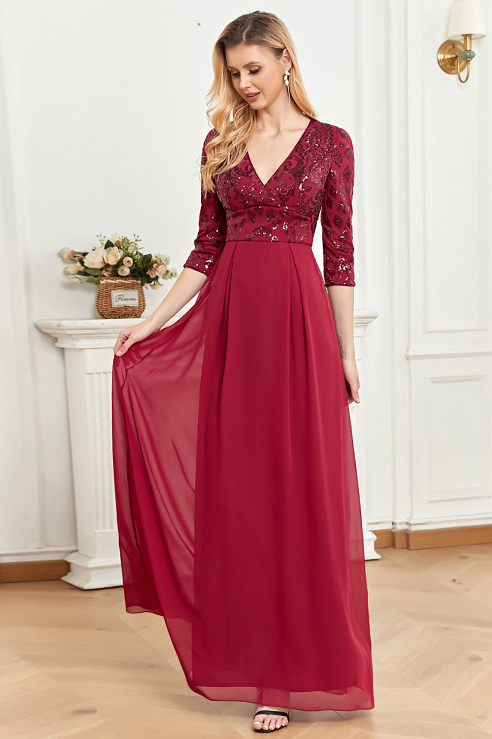 3/4 Sleeves Burgundy Mother of the Bride Dress sold by Zapaka product image thumbnail 3