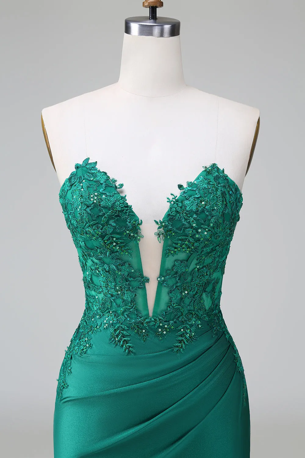 Dark Green Tight Deep V Neck Satin Strapless Short Homecoming Dress with Appliques sold by Zapaka product image thumbnail 4