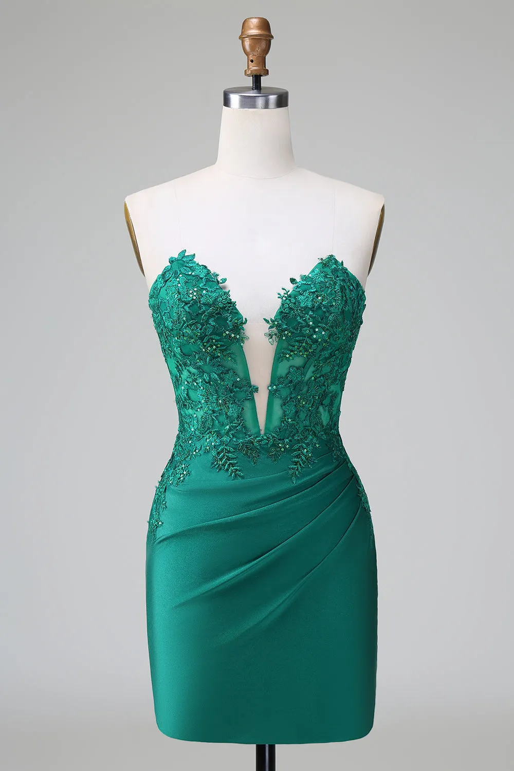 Dark Green Tight Deep V Neck Satin Strapless Short Homecoming Dress with Appliques sold by Zapaka