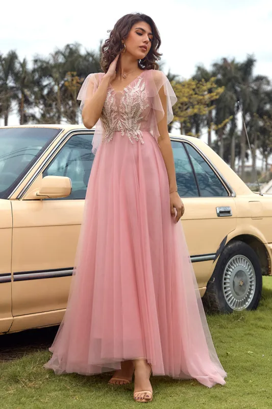 A Line V Neck Blush Long Prom Dress with Appliques sold by Zapaka