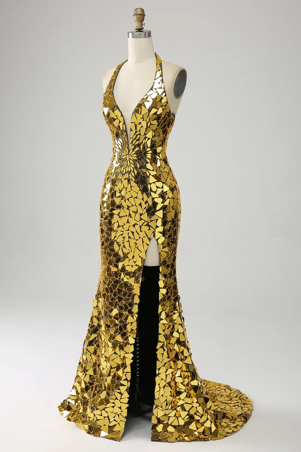 Golden Mermaid Halter Deep V-Neck Backless Mirror Prom Dress With High Slit sold by Zapaka product image thumbnail 3