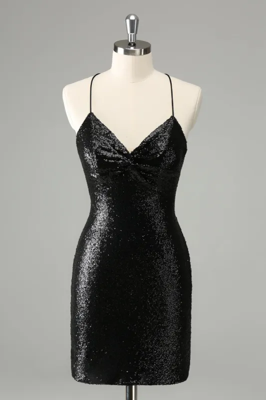 Stylish Glitter Black Sequins Tight Halter Homecoming Dress with Lace Up Back sold by Zapaka