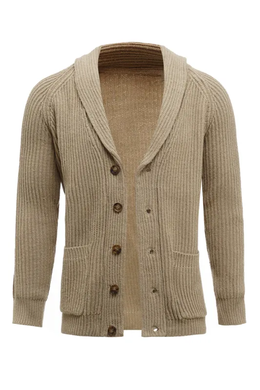 Khaki Shawl Collar Long Sleeves Men's Cardigan Sweater sold by Zapaka