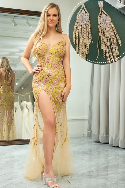 Stunning Mermaid Spaghetti Straps Golden Split Front Prom Dress with Accessories Set sold by Zapaka