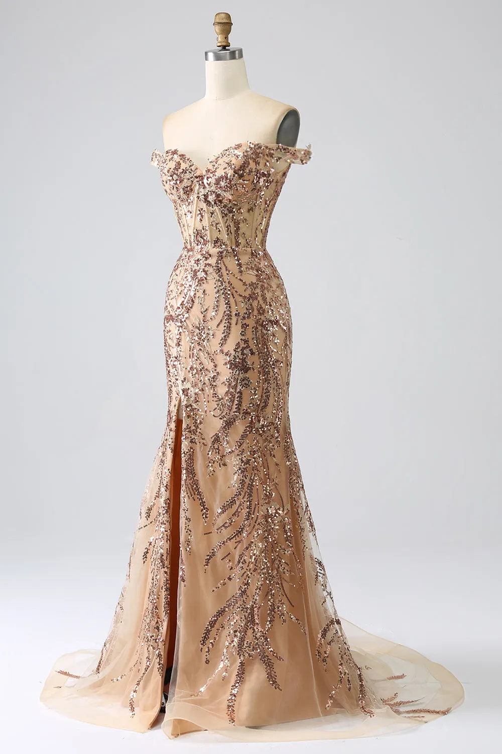 Sparkly Mermaid Off The Shoulder Golden Corset Prom Dress with Slit sold by Zapaka product image thumbnail 3