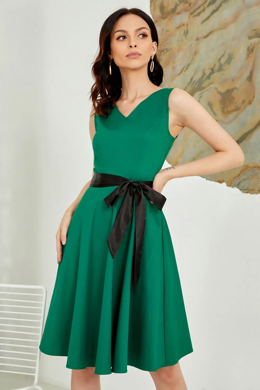 V Neck Green Belted 1950s Dress sold by Zapaka product image thumbnail 4