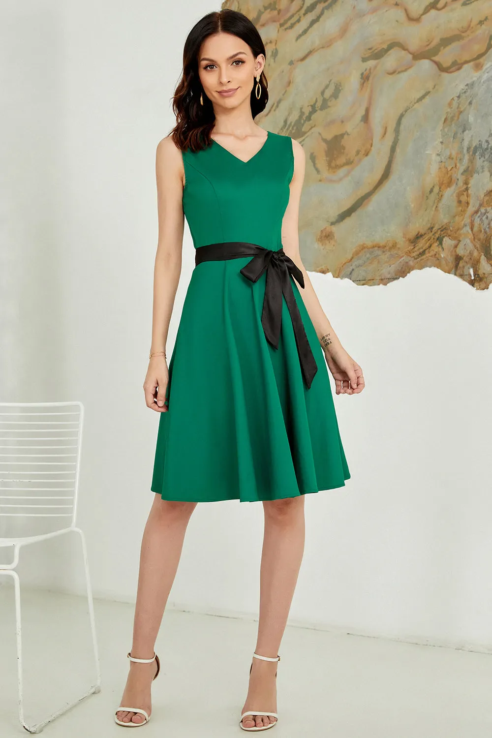 V Neck Green Belted 1950s Dress sold by Zapaka