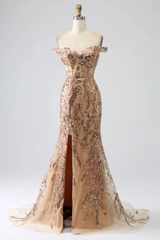 Sparkly Mermaid Off The Shoulder Golden Corset Prom Dress with Slit sold by Zapaka