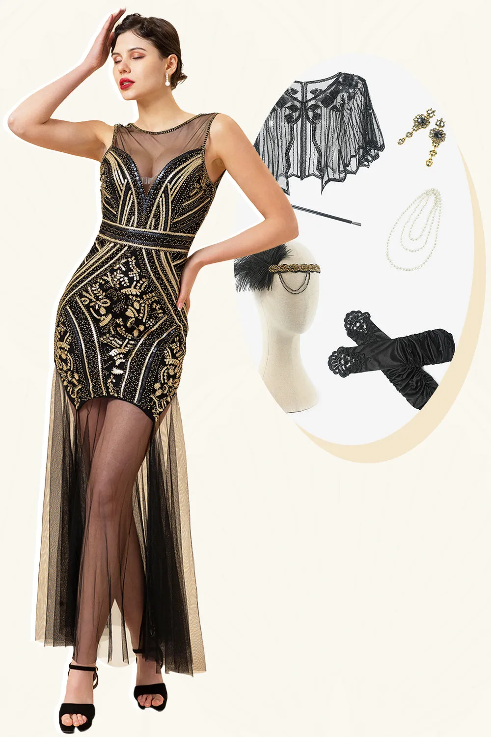 Black and Golden Illusion Neck Sequined Long 1920s Gatsby Flapper Dress with 20s Accessories Set sold by Zapaka