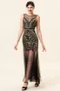 Black and Golden Illusion Neck Sequined Long 1920s Gatsby Flapper Dress with 20s Accessories Set sold by Zapaka