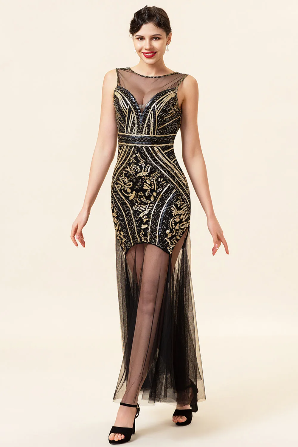 Black and Golden Illusion Neck Sequined Long 1920s Gatsby Flapper Dress with 20s Accessories Set sold by Zapaka product image thumbnail 2