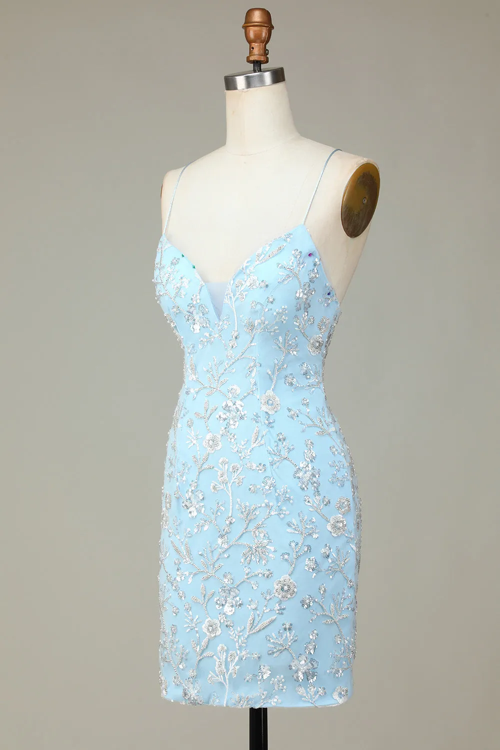 Sparkly Blue Sequins Beaded Flowers Tight Short Homecoming Dress sold by Zapaka product image thumbnail 3