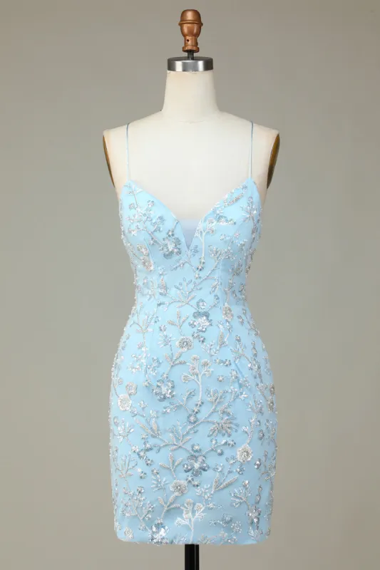 Sparkly Blue Sequins Beaded Flowers Tight Short Homecoming Dress sold by Zapaka