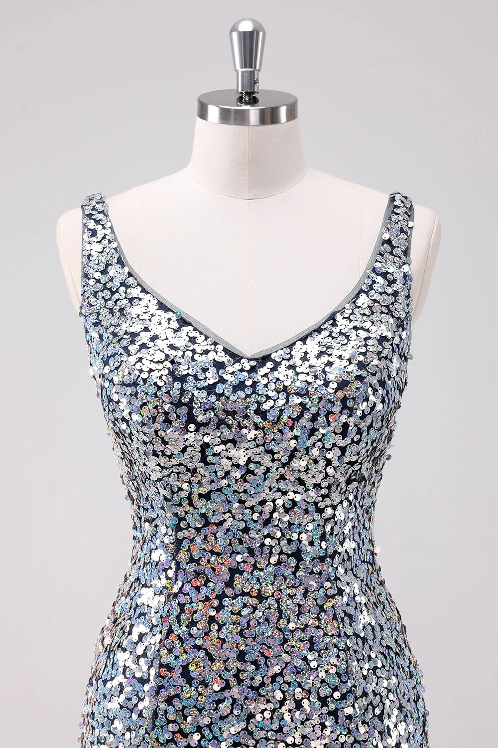 Sparkly Silver Bodycon V-Neck Short Homecoming Dress with Sequins sold by Zapaka product image thumbnail 4