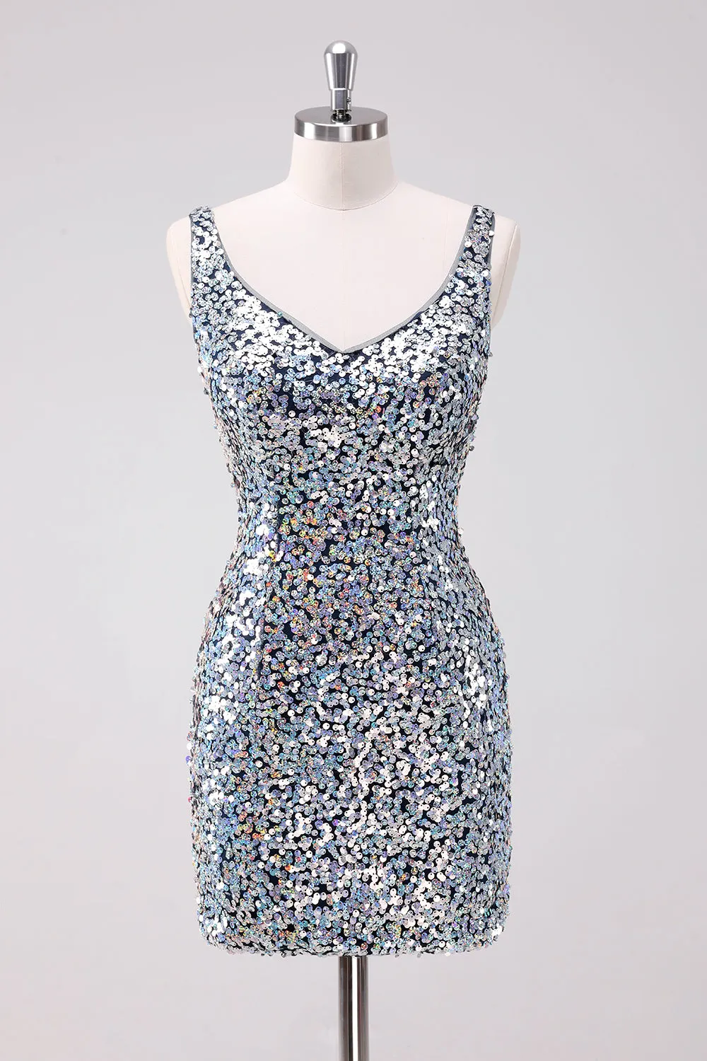 Sparkly Silver Bodycon V-Neck Short Homecoming Dress with Sequins sold by Zapaka